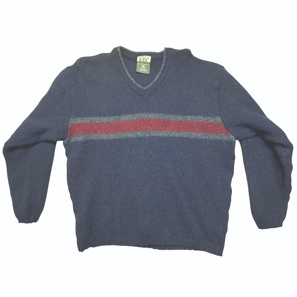 ATC Trading Co Wool Sweater Mens Large Navy Stripe Made in USA Vintage Y2K 90s